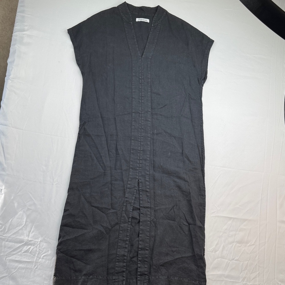 Overlover Linen Chic Black V-Neck tunic dress with a split hem size Large L